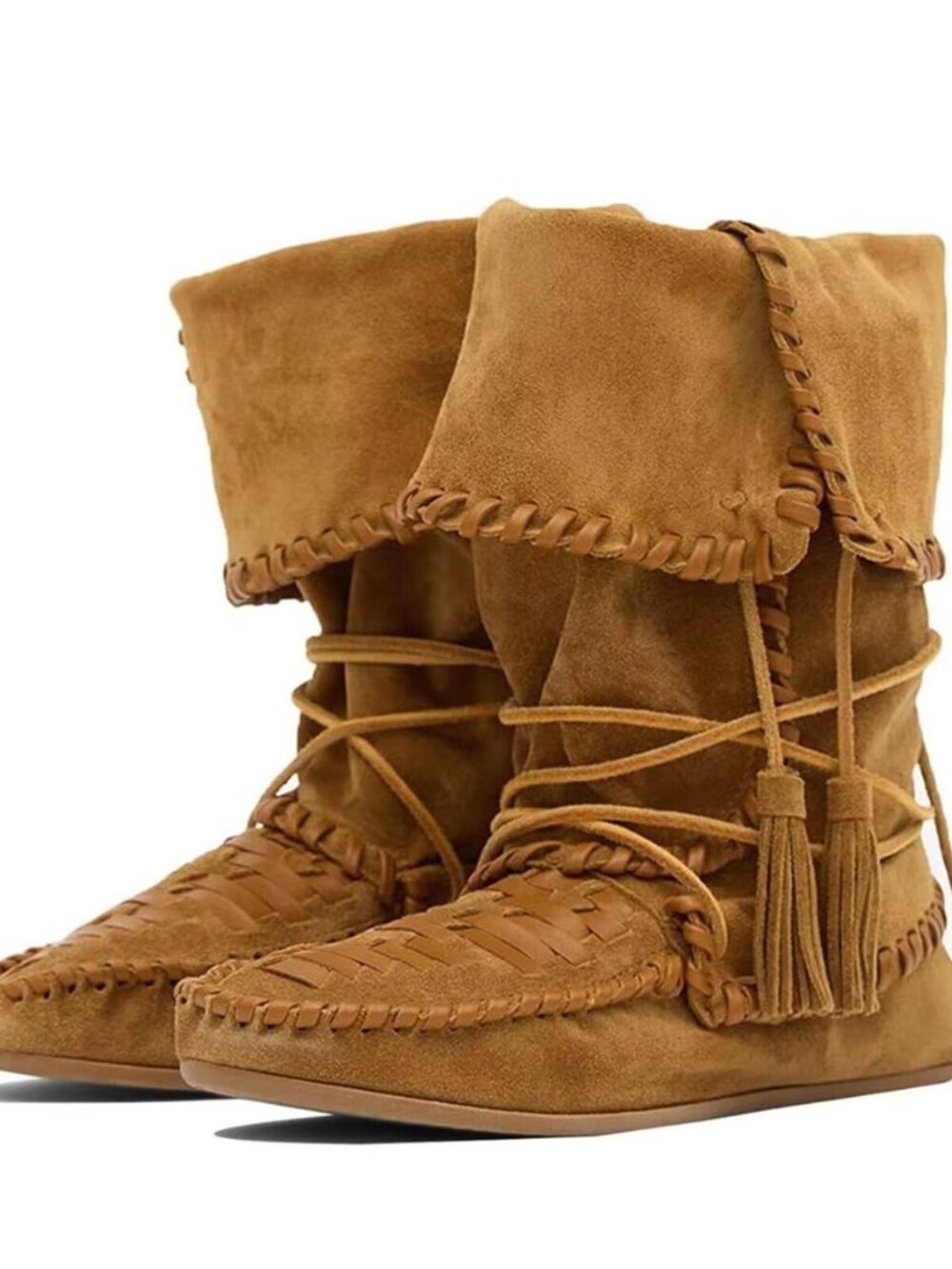 Faux Suede Fold Over Boots for Women - Slouchy Boho Mid Calf Boots with Woven